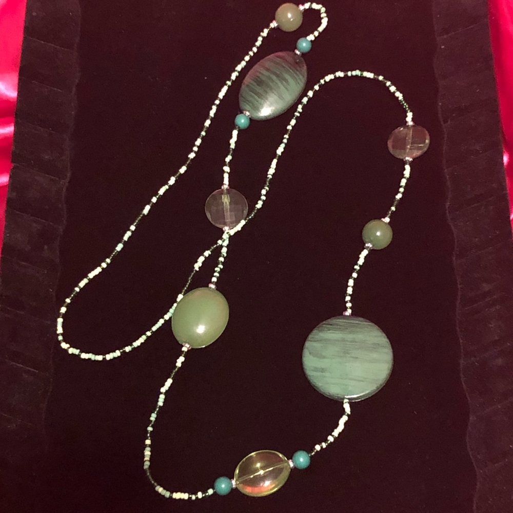 Long Beaded Necklace Jade Green Glass Beads 19” Long